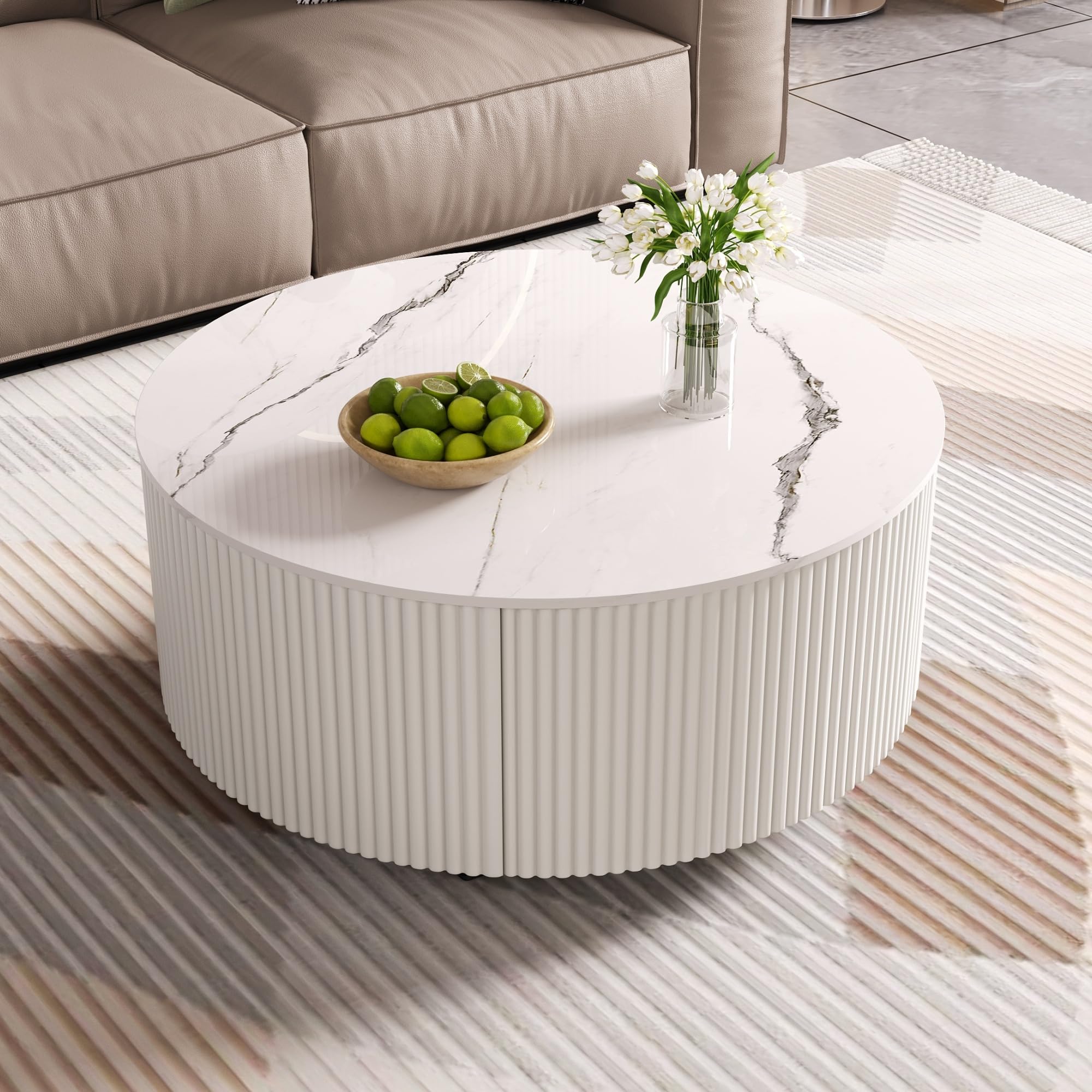 Photo 1 of *USED*
Merax Round Coffee Table for Living Room 29.5" Movable Coffee Table with Casters and 2 Storage Drawers, Marble Pattern Sintered Stone Top, White