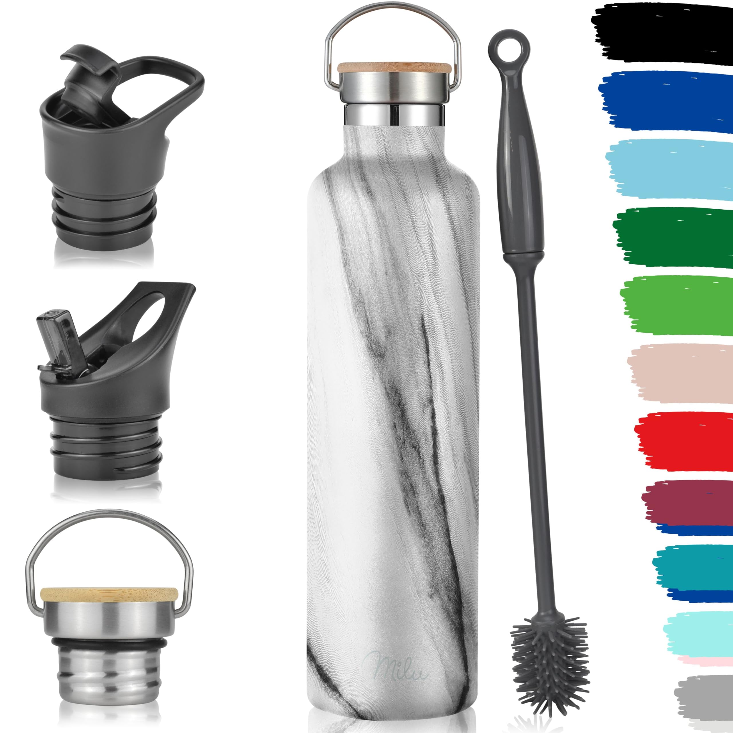 Milu Stainless Steel Drinking Bottle 350ml, 500ml, 750ml, 1l (+3 Lids) - Thermo Bottle with Straw, Water Bottle, for Hot, Cold & Carbonated Drinks (Marble, 1000ml)