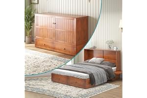 BALUS Murphy Bed Cabinet Queen Size with Memory Foam Mattress, Integrated USB Charging Hub, Foldable Trays, and Convenient Storage Drawer - Ideal for Guest Rooms, Easy Assembly - Cherry