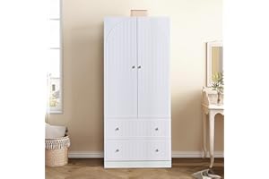 RARZOE Armoire Wardrobe Closet with 2 Striped Doors, Freestanding Wooden Wardrobe Cabinet with 2 Storage Drawers and Hanging Rail, Armoire Wardrobe for Bedroom(White)
