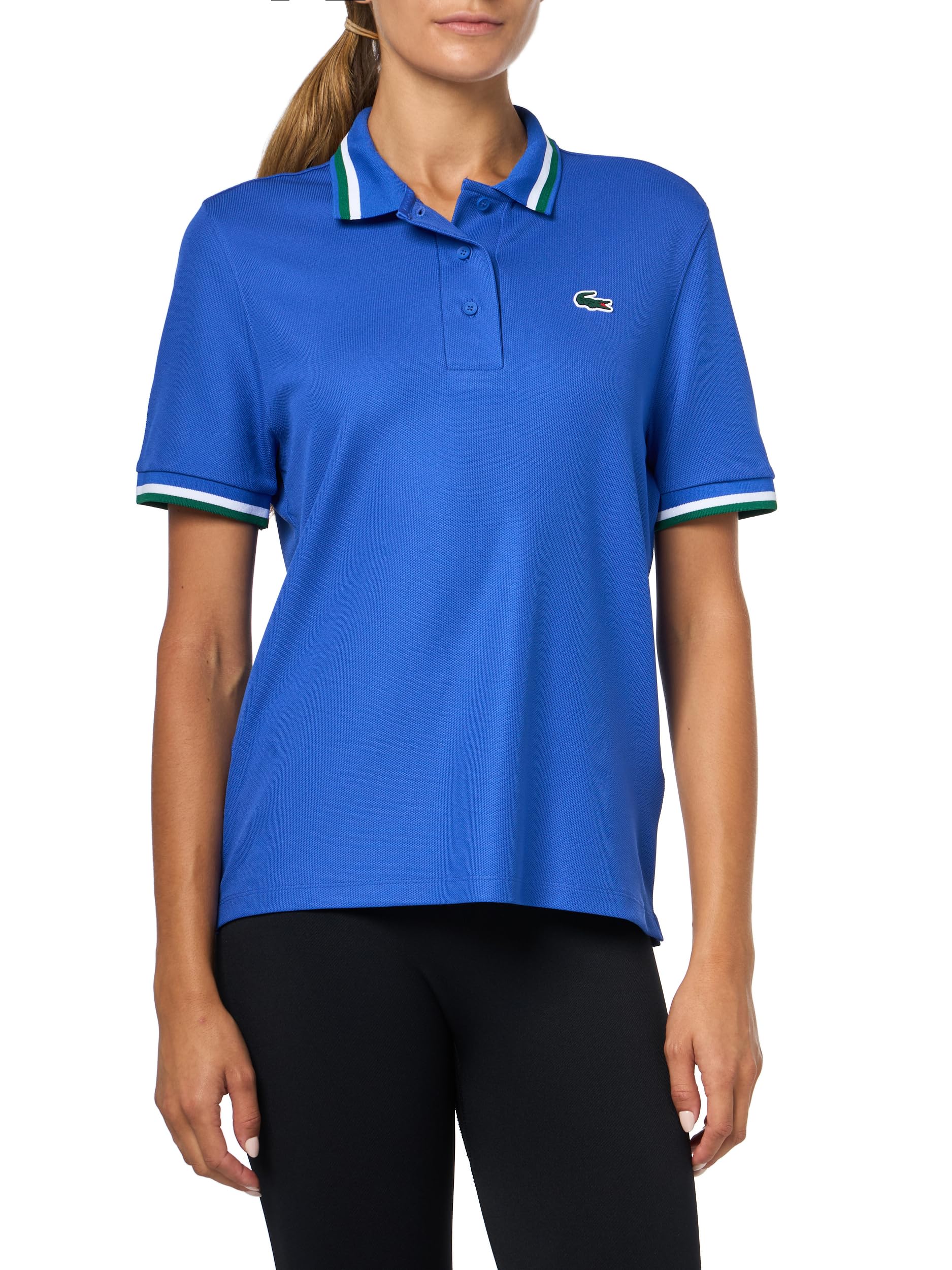 Lacoste Womens Sport UV Protect Stripe Collar Tennis Polo Shirt, Green, 8 Image