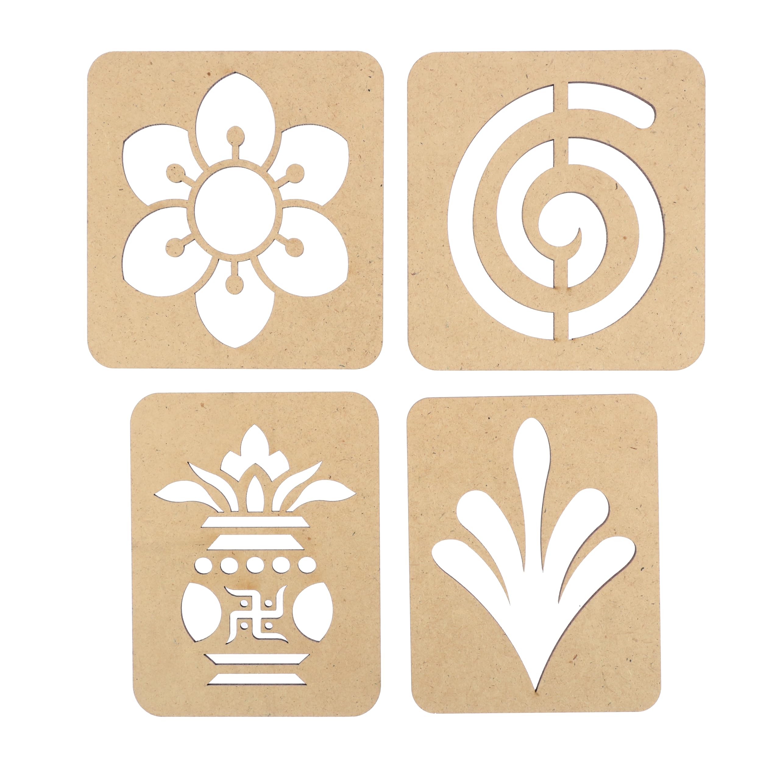 DIY MDF Readymade Set of 4 Flower Kalash Easy to Use Rangoli Template Easy to Fill Wooden Rangoli Boards for Indian Traditional Festival Diwali Decorations(Size:-3.5 Inches Each)(Brown)
