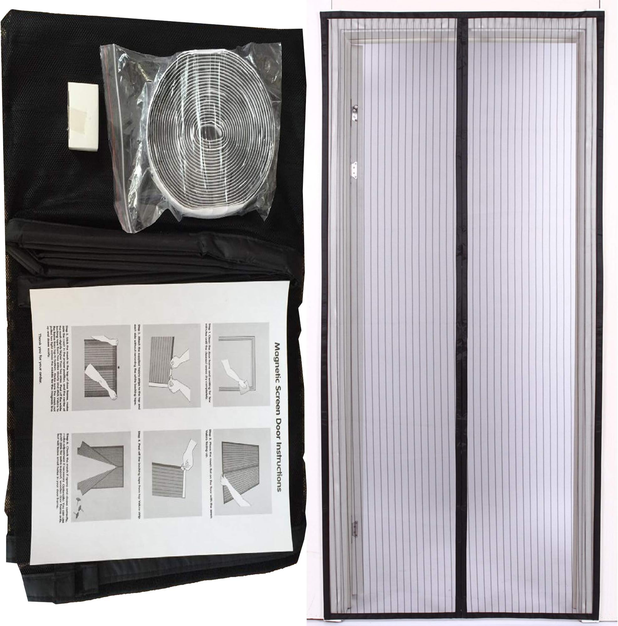 Door Screen with Magnetic Closures Full Frame Velcro. Fits Openings 36” X 83”