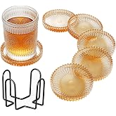 Champagne Modern Clear Coaster 6-Pack Glass Coasters for Drinks with Holder | Amber Crystal Coaster Round Cup Coasters Coffee Table Decor for Office, Kitchen, Bar, Dining Room, Living Room, Patio