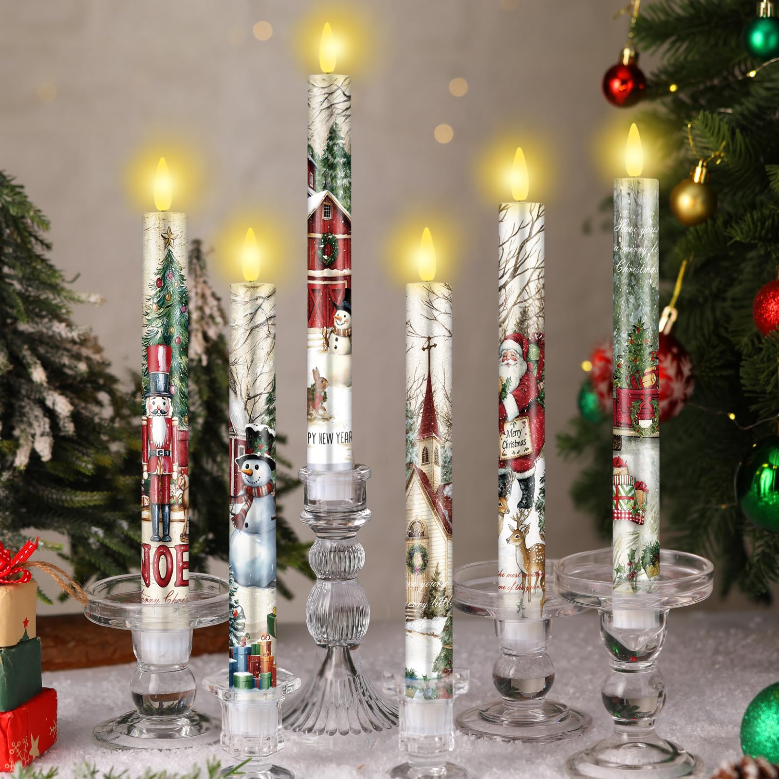 Photo 1 of Aurelema 6 Pcs Christmas LED Flameless Candle Set Retro Vintage Santa Flameless Taper Candles with Battery Operated Snowman Celebration Candles with Remote for Winter Christmas Home Decor Gifts