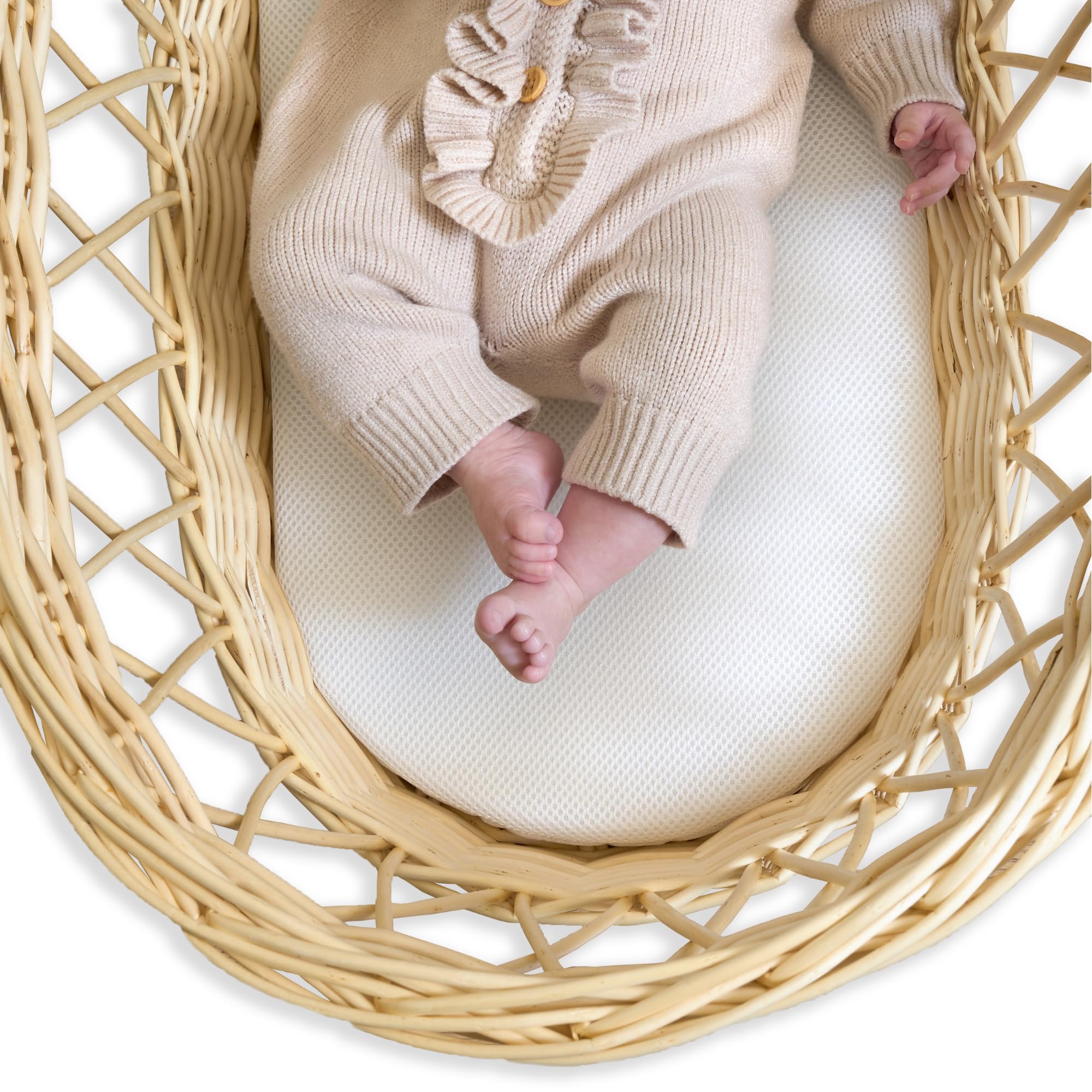 Clair de Lune 3D Mesh Reversible Wicker Moses Basket Mattress, All Season Baby Mattresses 65 x 28 cm