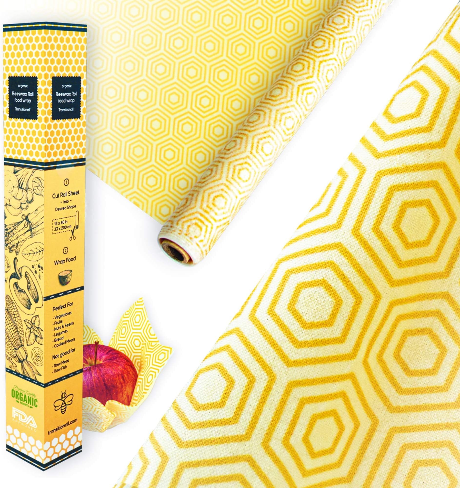Transitionall Organic Beeswax Food Wrap Roll Large 40 Inches L by x 13 Inches W, Reusable Bees Wax Sustainable Zero Waste Plastic Free Alternative to Saran Wrap Earth Friendly Bee Wrap Sandwich Bags