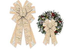 ALIBBON Large Merry Christmas Bows for Wreaths, Christmas Wreath Bows, Glitter Snowflake Bows, Glitter Gold Bows for Front Door, Christmas Decor, Holiday Craft Bows for Indoor Outdoor Wall Decoration