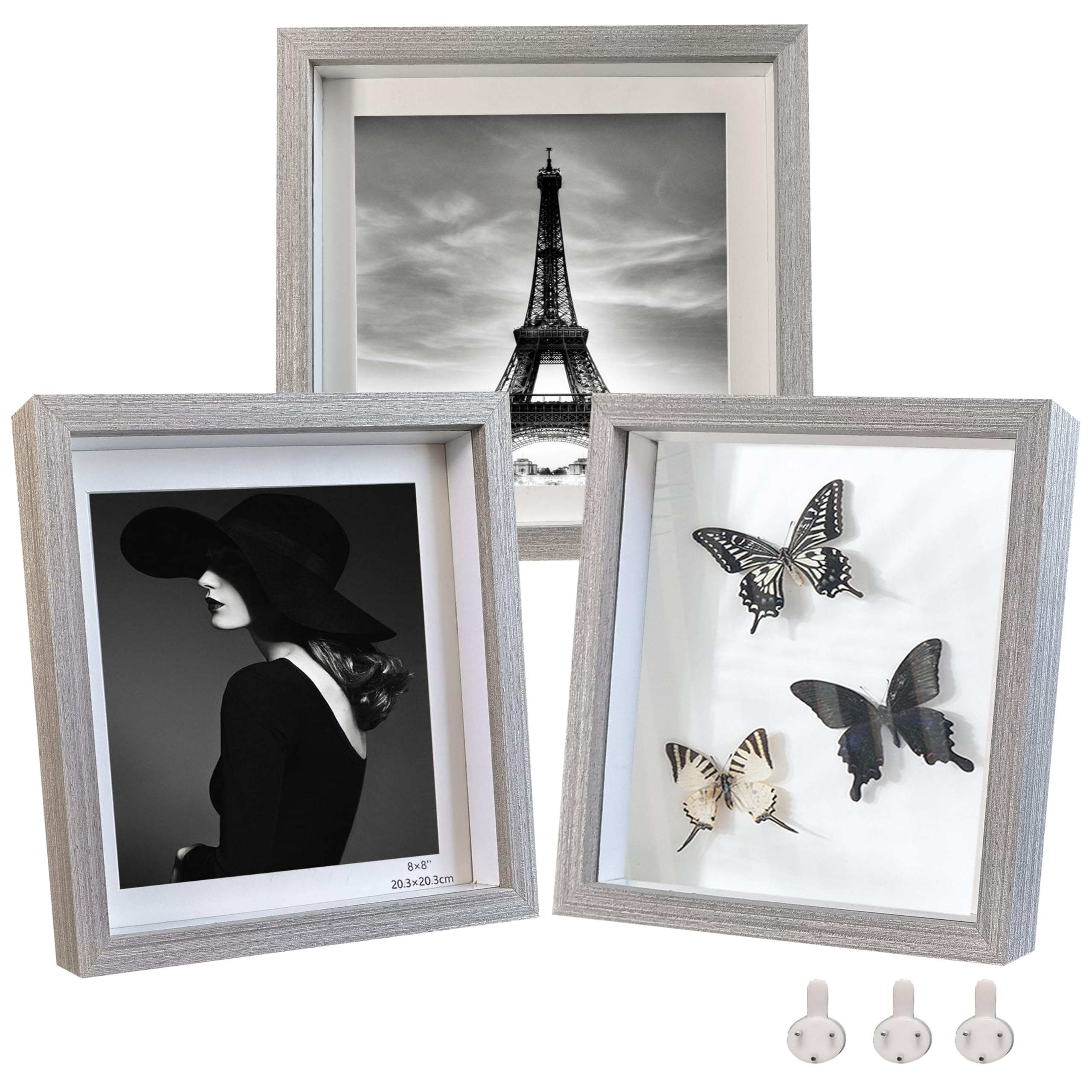 Houstimi Shadow Box Frames 8x8 Grey Picture Frames 3 Pack Photo Frames Made of Solid Wood and Real Glass Internal Depth 0.6 inches for Wall Or Tabletop