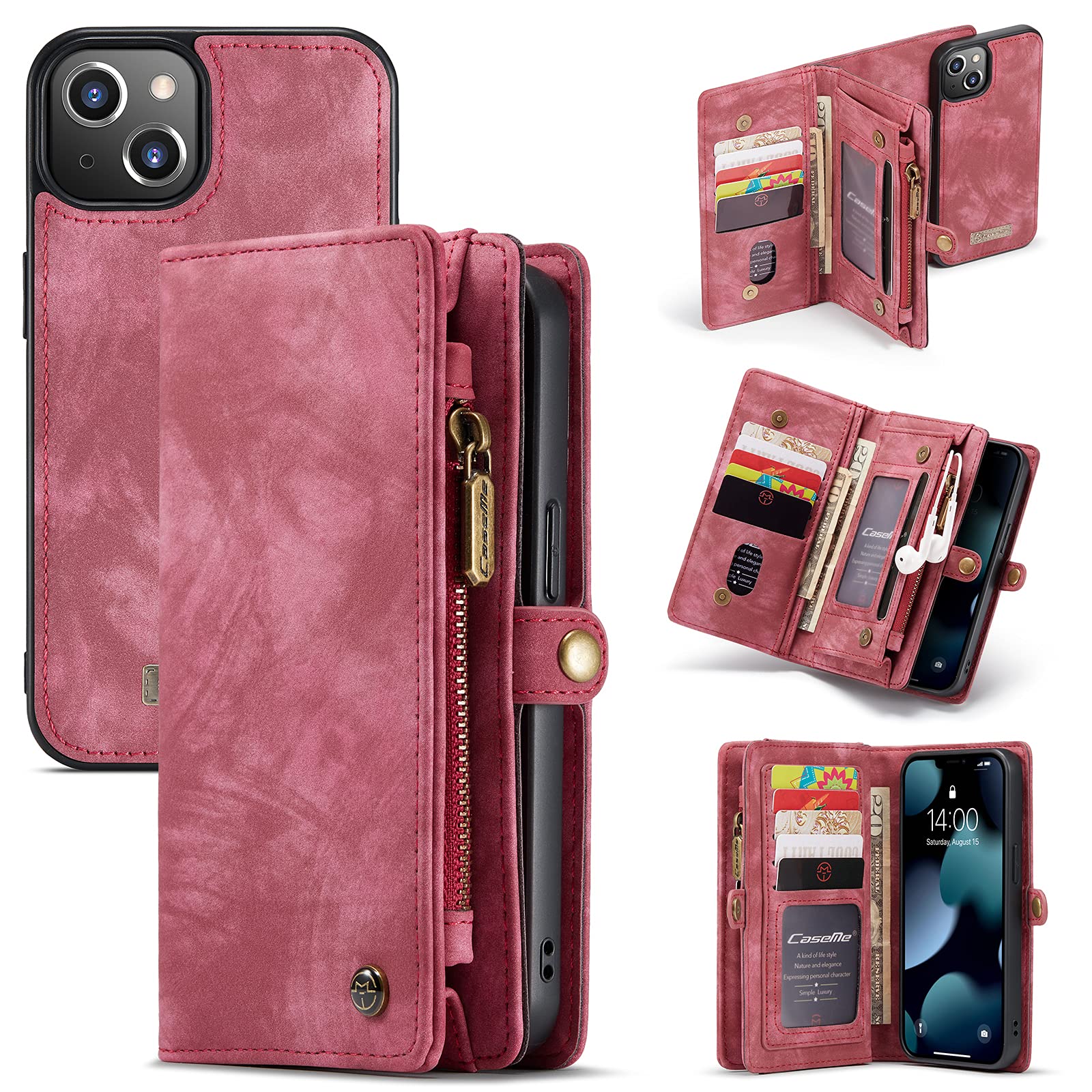CaseMe Leather Flip Wallet Case for iPhone 13 Mini,Detachable Back Magnetic Closure 2-in-1 Shockproof Zipper Purse Cover with Card Slots (13 Mini, Red)
