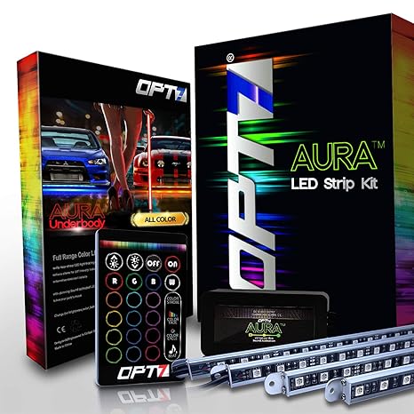 Opt7 Car Aura 4pc Auto Underbody Led Lighting Kit Wremote Soundsync Full Color Spectrum Rigid Aluminum 1 Year Warranty - 