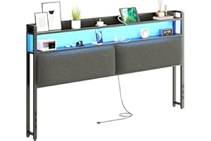 Herture Headboard for King Size Bed Frame, Headboards with Outlets, USB Ports and 60,000 DIY Color LED Light, Upholstered Head Board with Storage, Height Adjustable, Black BT01CRB