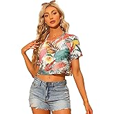 Allegra K Hawaiian Crop Top for Women's 2025 Summer Leaves Print Tropical Top