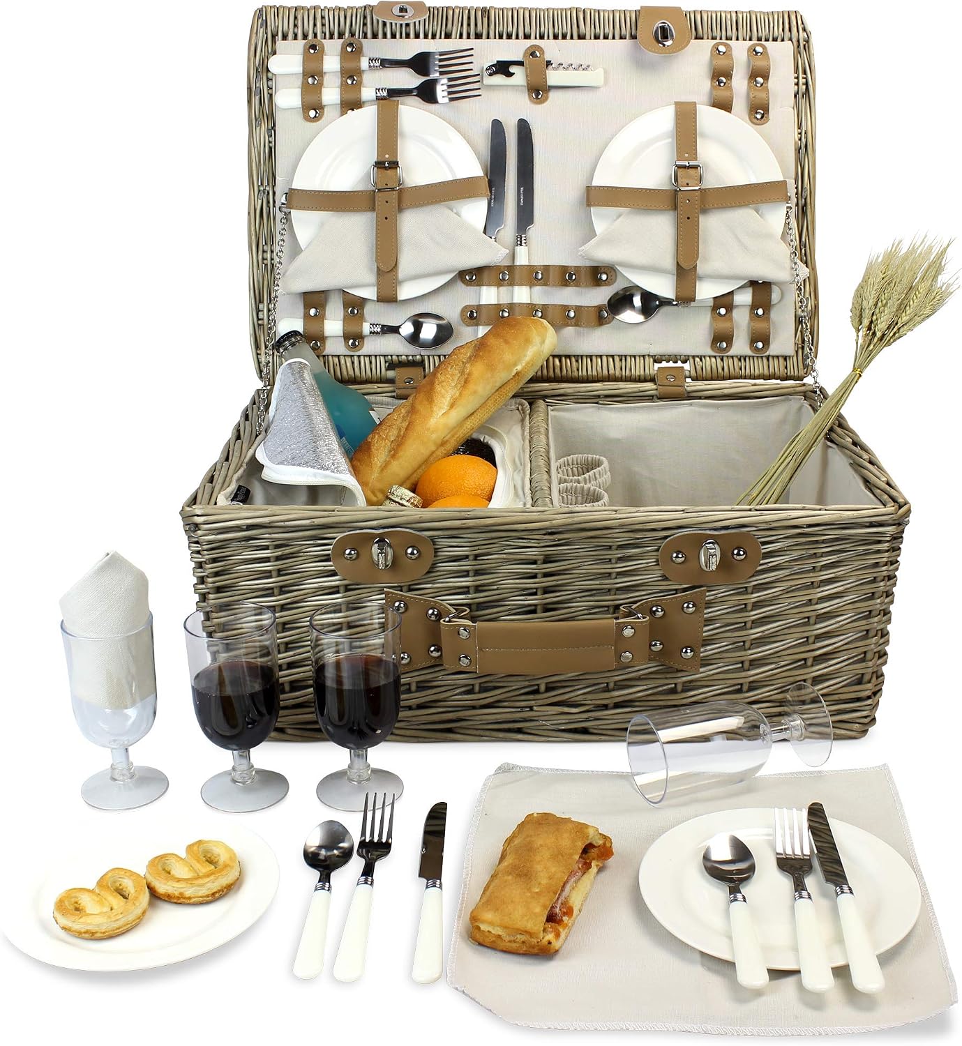 HappyPicnic 4 Persons Somerset Willow Picnic Basket, Wicker Hamper Set with Insulated Cooler Compartment(Grey Color) - Image 3