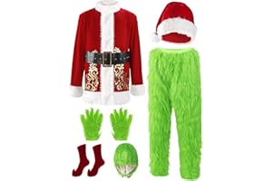 Frojuly Christmas Costume for Men Adult Green Giant Monster 7PCS Deluxe Santa Suit Furry Xmas Cosplay Outfit Halloween