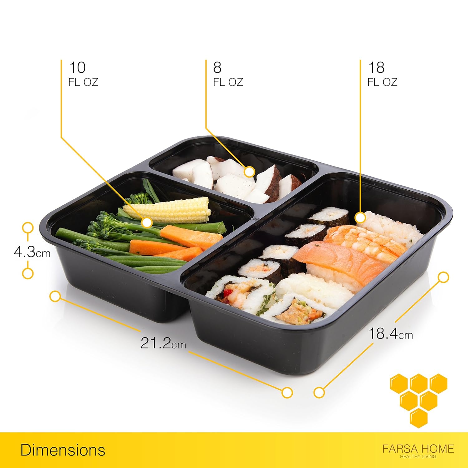 3 compartimento sin BPA comida Prep recipientes tamaño estándar