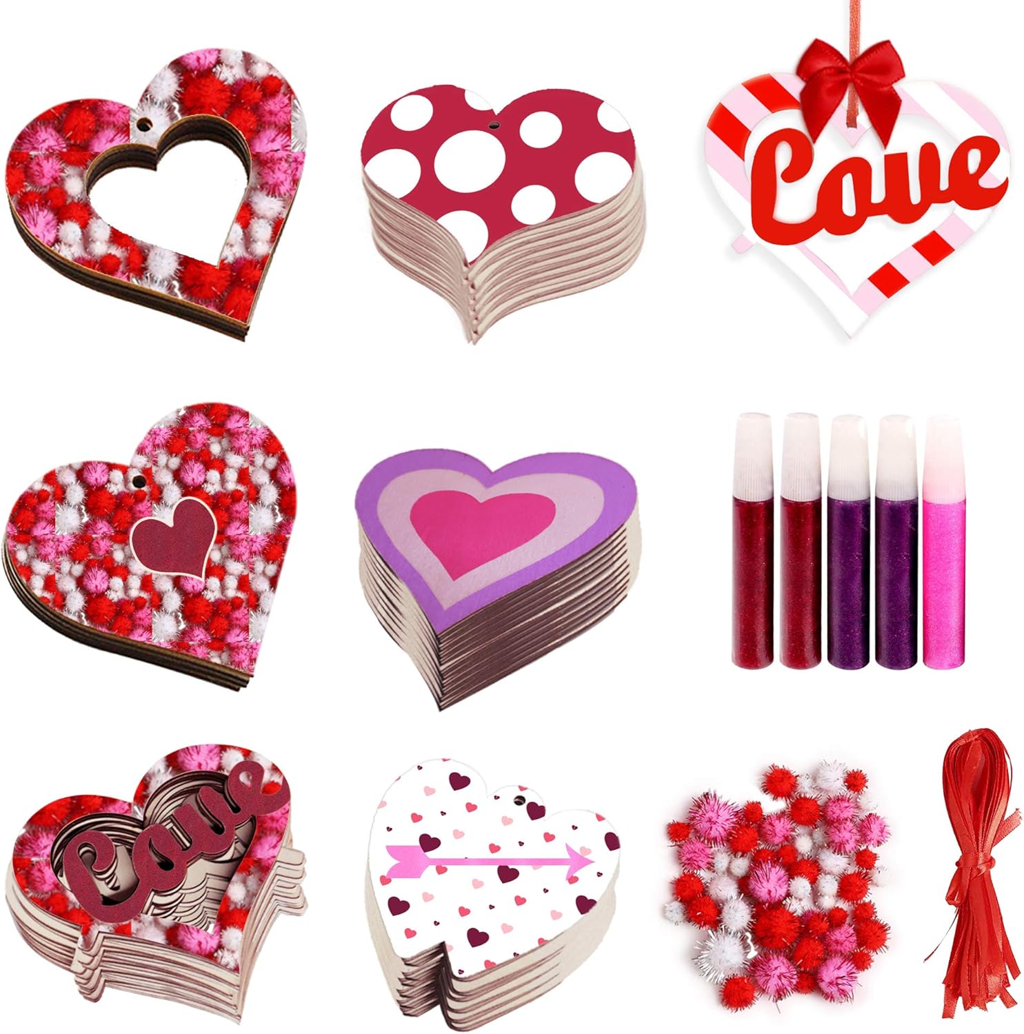 Aweyka 60 Pieces Wooden Heart Ornaments 6 Styles Valentine