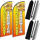 Boao 2 Sets 7 ft Breakfast Sandwiches Swooper Flag Signs, Breakfast Sandwiches Feather Flag Banners with Stainless Steel Flagpole, Ground Stake, Eye-catching Business Sign Banner for Store Advertising