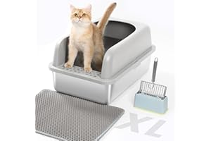 LIETOM Stainless Steel XL Cat Litter Box for Big Cats- Metal Extra Large Litter Box with Lid, Include Metal Litter Scoop,Mat. High Sided with Guard Prevent Splashing. No Smell, Always New After Clean.