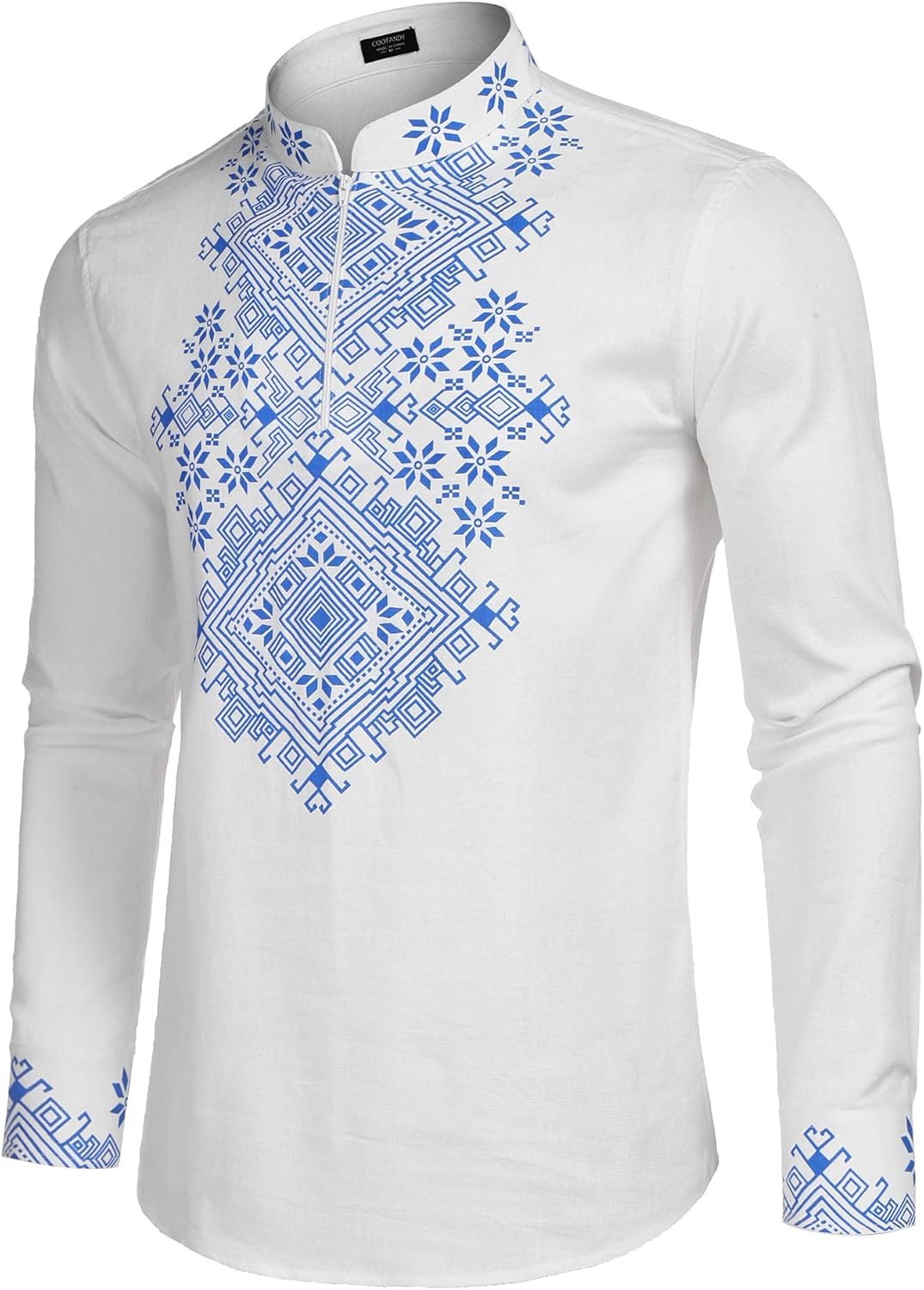 COOFANDY Men's Slim Fit Hippie Shirt Long Sleeve Floral Print Casual Zip Up Cotton Beach Party Henley T Shirt: Clothing