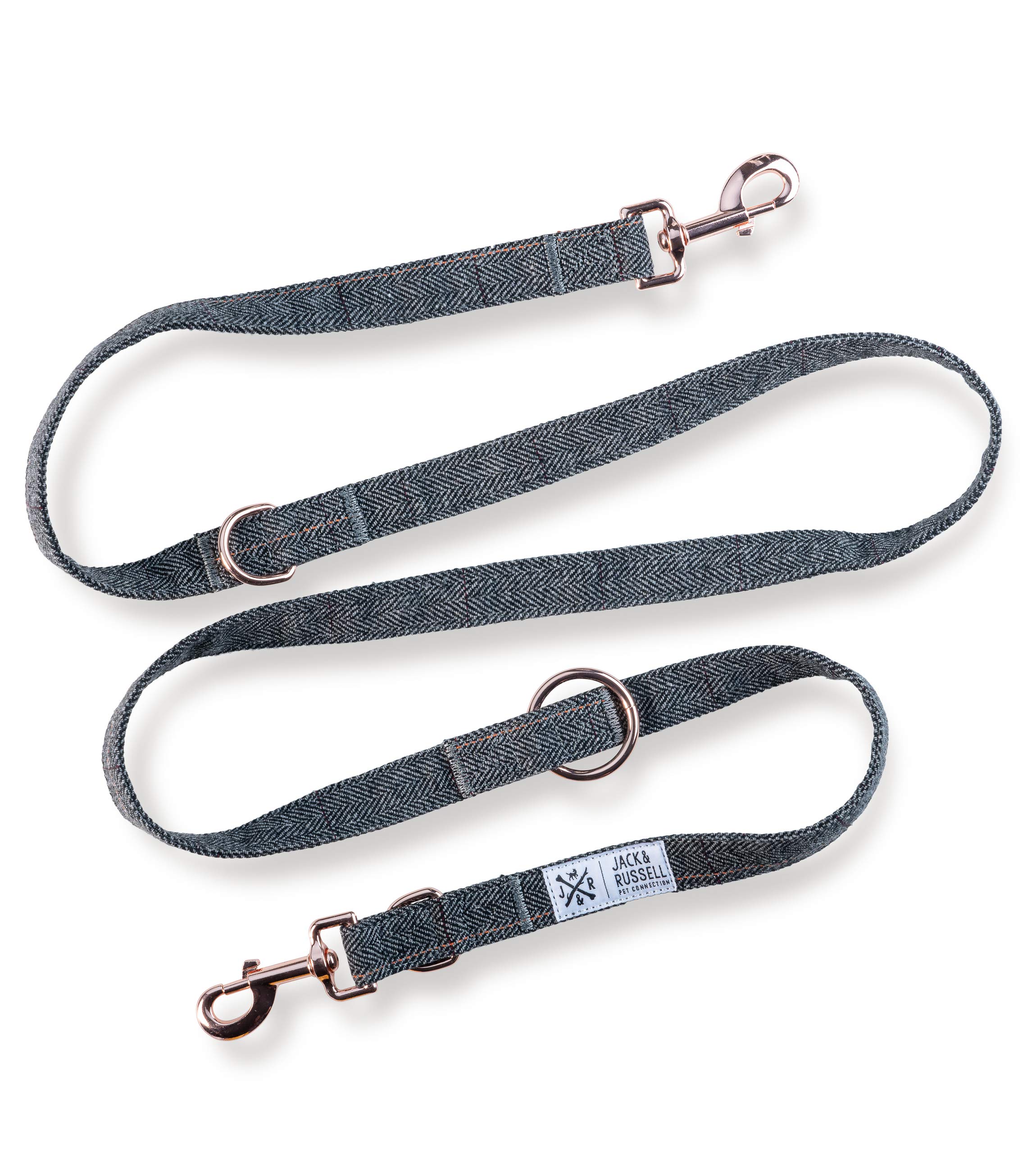 Jack & Russell Premium Tweed Dog Lead Bradley 2.0 m - Dog Tweed Lead with Rose Gold Carabiner - Dog Lead Multiple Adjustable (Dark Grey - Mottled)