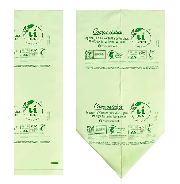 UNNI COMPOSTABLE TRASH BAGS, 2.6 GALLON / 9.84 LITER, 100 COUNT, EXTRA THICK 0.71 MIL SMALL KITCHEN FOOD SCRAP BIN LINERS, CERTIFIED BY BPI, CMA & OK COMPOST HOME, MEETS THE ASTM D6400 STANDARD
