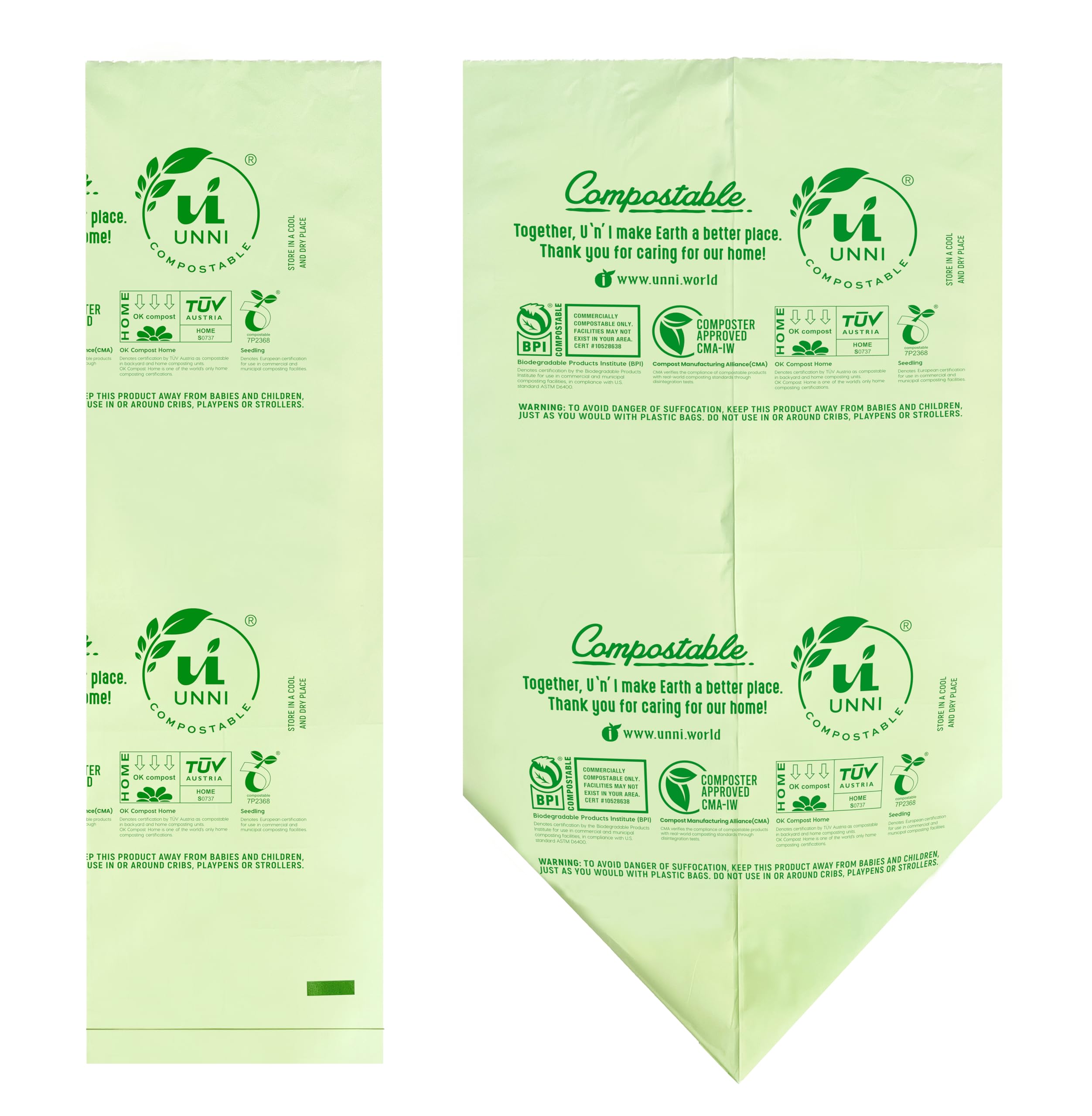 UNNI Compostable Trash Bags, 2.6 Gallon / 9.84 Liter, 100 Count, Extra Thick 0.71 Mil Small Kitchen Food Scrap Bin Liners, Certified by BPI, CMA & OK compost HOME, Meets the ASTM D6400 Standard