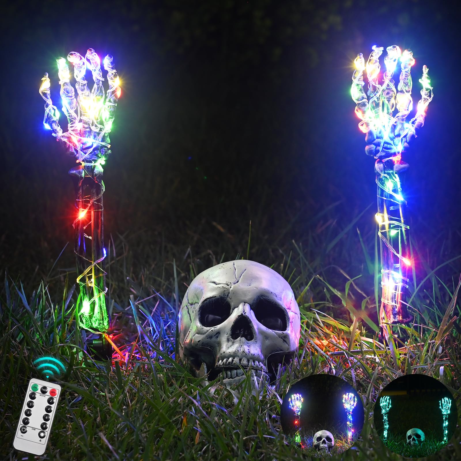 Photo 1 of Halloween Lighted Skeleton Set, Skull Arm Stakes with 1 Remote Green Lights (76 LEDs, 8 Light Modes & Timing Function), 2 Colorful Lights (3 Modes), Decorations for Outdoor Yard Garden Graveyard