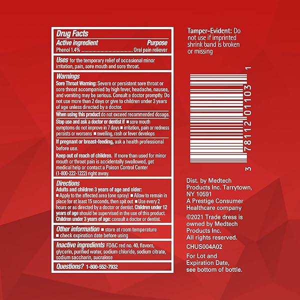 CHLORASEPTIC SUGAR-FREE SORE THROAT SPRAY, CHERRY, SPRAY SOOTHES THROAT PAIN IN SECONDS, 6 FL OZ