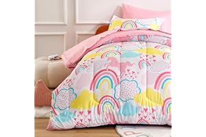 SONIVE Girls Twin Comforter Set, Breathable, 5 Pieces with 1 Comforter(66"x90"), 1 Fitted Sheet, 1 Flat Sheet, 1 Pillow Sham, 1 Pillowcase Gift Choice, Rainbow Unicorn
