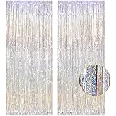 2 Pack 3.2ft x 8.2ft Silver Metallic Tinsel Foil Fringe Curtains, Door Streamer Photo Booth Backdrop for Birthday Graduation 