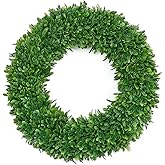 22 Inch Boxwood Wreath for Front Door Realistic with Welcome Sign Faux Easter Green Preserved Boxwood Wreaths Outdoor Spring Wreaths for Front Door Outside for Porch Farmhouse Wall Home Decor