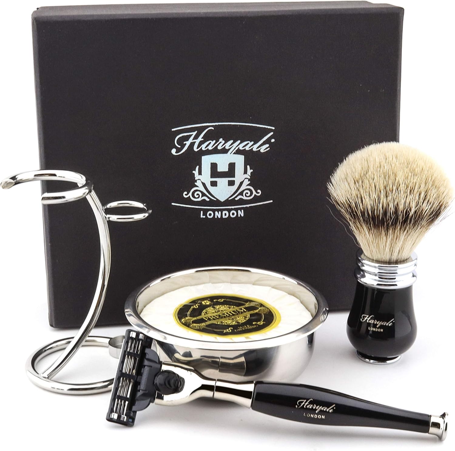 Haryali London Mens Black Shaving Kit 3 Edge Compatible Razor with Silver Tip Badger Hair Shaving Brush, Stand, Soap and Bowl Perfect Set for Men