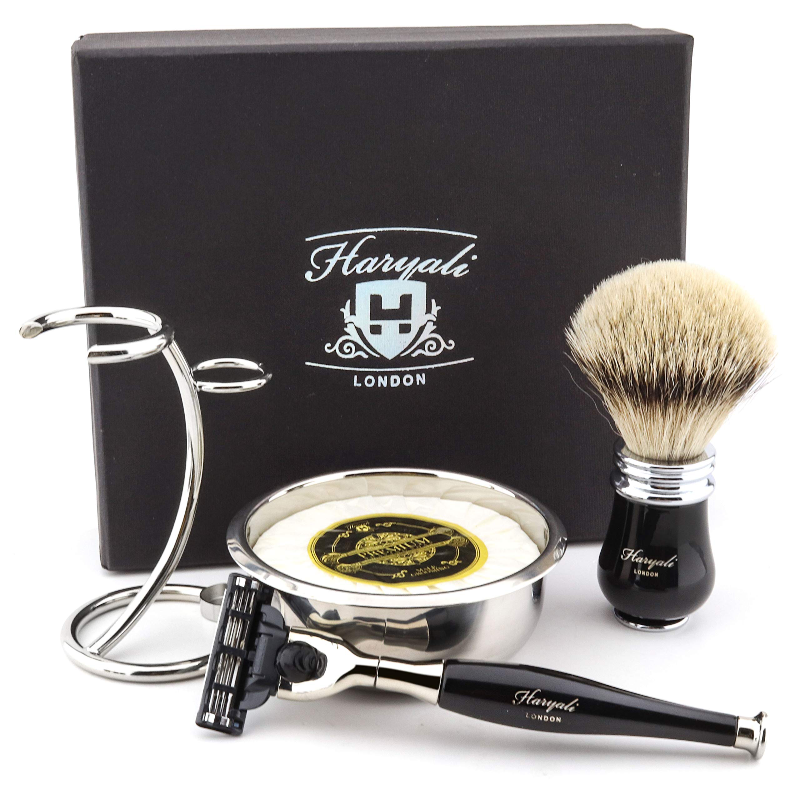 Haryali London Mens Luxury Black Shaving Kit 3 Edge Compatible Razor with Silver Tip Badger Hair Shaving Brush, Stand, Soap and Bowl Perfect Set for Men