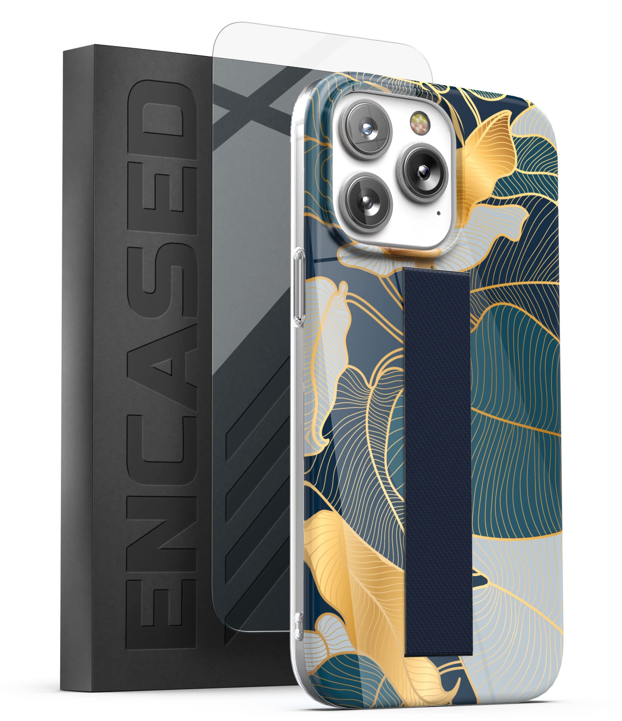 ENCASED Finger Strap Case Designed for iPhone 14 PRO MAX Case with Finger Loop and Screen Protector (Retail Packaging) - Blue/Gold Leaf — image 1