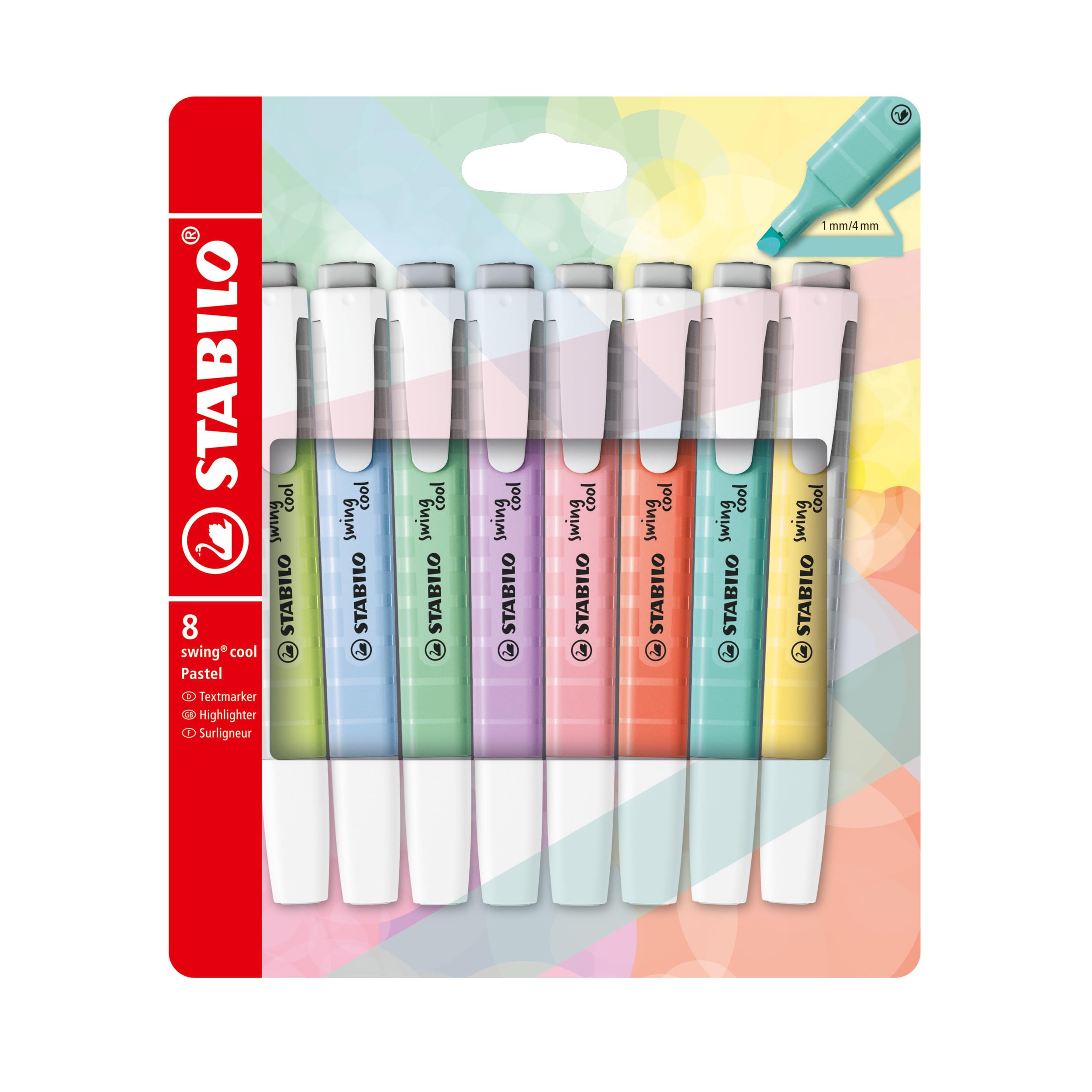 STABILO swing cool Pastel - Highlighter - Pack of 8 - Cloudy Blue, Touch of Turquoise, Hint of Mint, Pink Blush, Dash of Lime, Mellow Coral Red, Milky Yellow, Lilac Haze