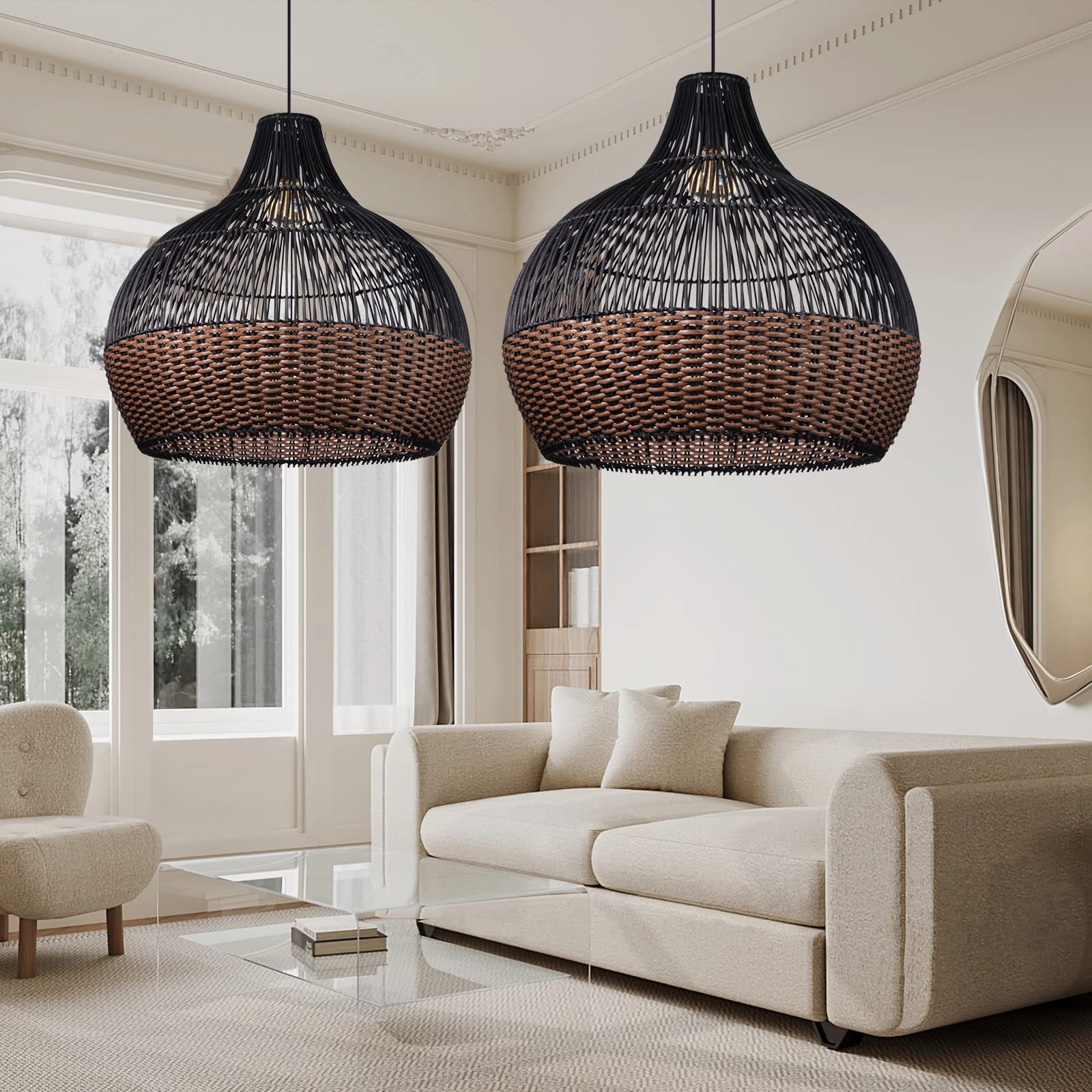 Photo 1 of Arturesthome 1 Light Rattan Pendant Light Fixtures,Wicker Boho Black Basket Chandelier, Large Natural Woven Ceiling Hanging Lamp for Kitchen Island Dining Room W 23.5"*22.7"