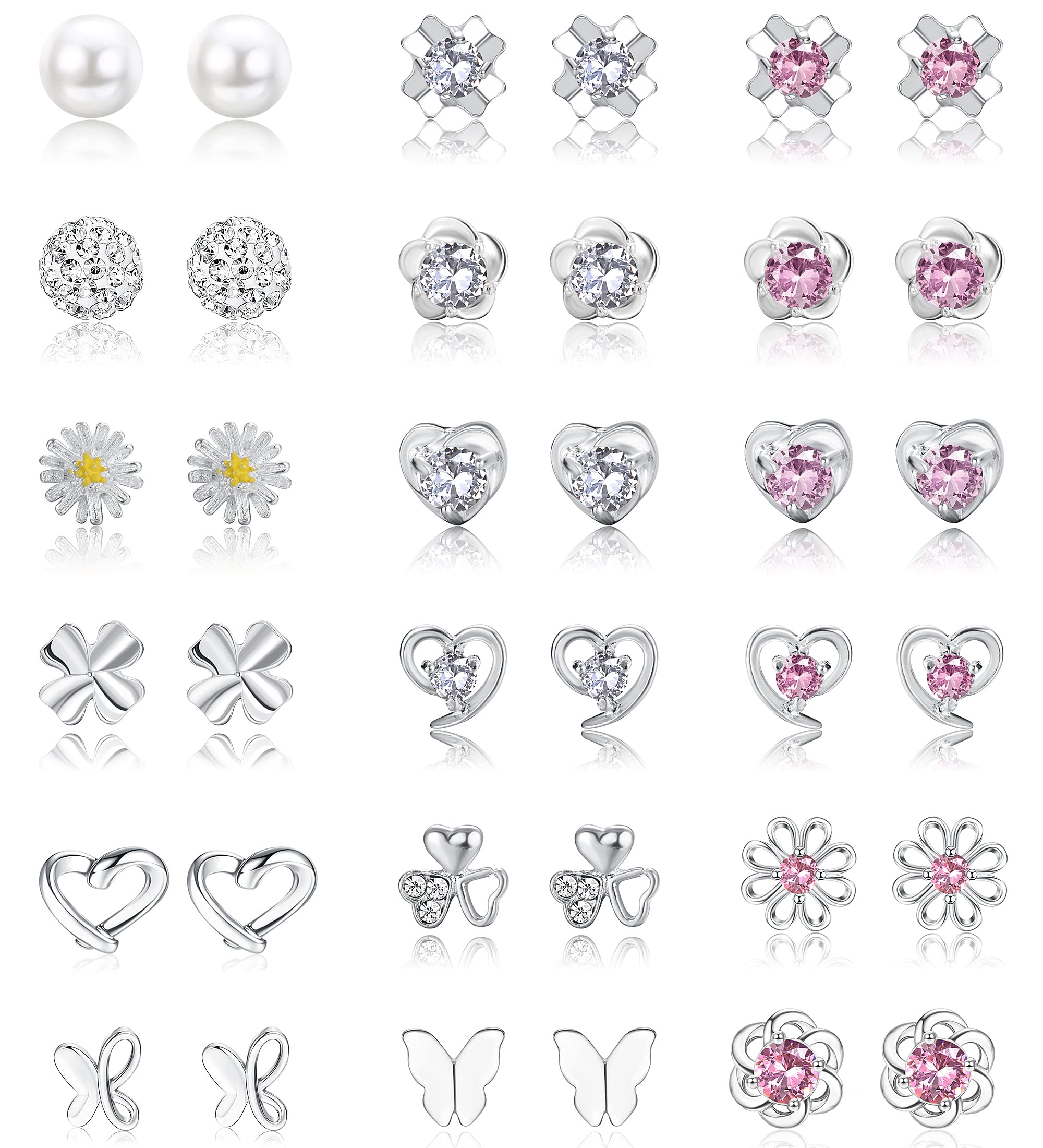 YADOCA 18 Pairs 925 Sterling Silver Stud Earrings Set for Women Girls Cubic Zirconia Studs Pearl Crystal Round Heart Shape Flower Butterfly Small Cartilage Stud Earrings Jewelry