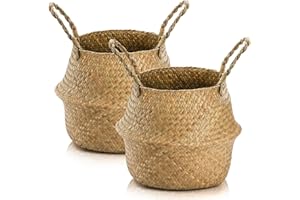 Yesland 2 Pack Woven Seagrass Plant Basket with Handles, Ideal for Storage Plant Pot Basket, Laundry, Picnic, Plant Pot Cover, Beach Bag and Grocery Basket (S)