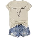 Western Rodeo Shirt for Women Retro Cowboy Graphic Tee Cowgirl Country Music T Shirt Cow Skull Print Tops Casual Tops