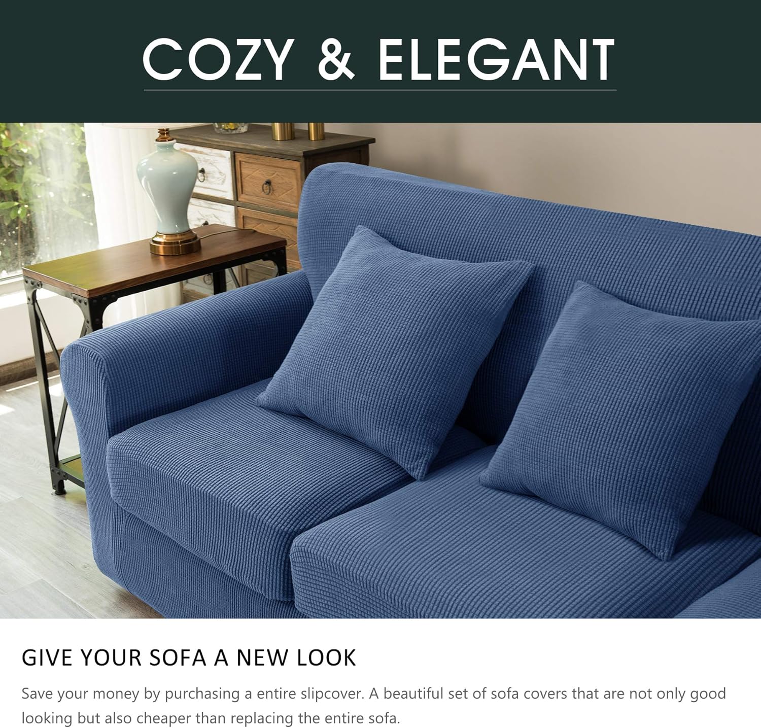 CHUN YI 4 Pieces Stretch Sofa Cover for Dogs, 3 Seater Couch Slipcover with 3 Seperate Cushion Replacement Coat for Ektorp Universal Sleeper, Checks Spandex Jacquard Fabric, Large, Denim Blue: Home & Kitchen