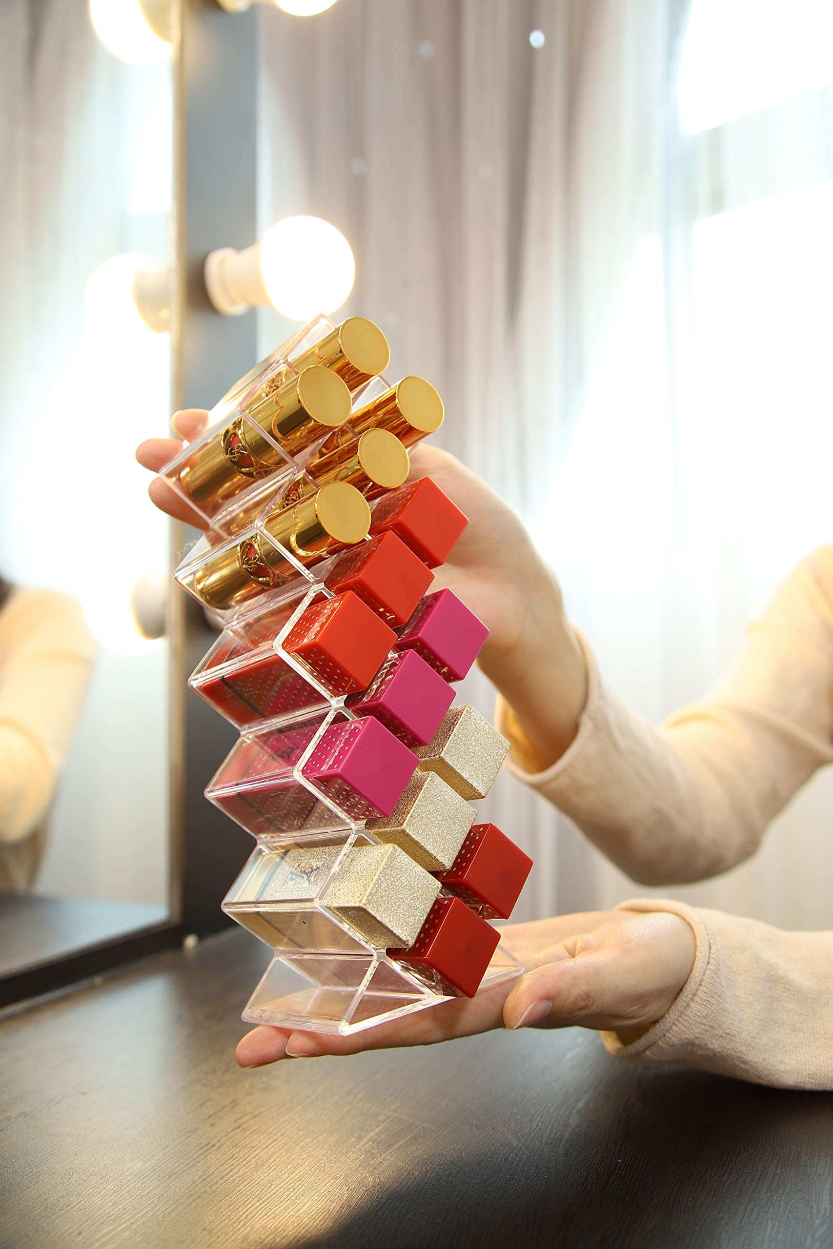 Lipstick Holder Organizer 32 Spaces Acrylic Stackable Fish Shape Lipstick Tower, Lip Gloss Storage Stand for 32 Lip Slots, Perfect for Lipgloss Makeup Vanity Display, Clear (2 Pack)