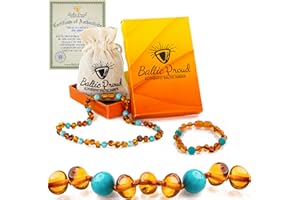 Baltic Proud Amber Necklace and Bracelet Gift Set (Unisex Cognac Turquoise 12.5 Inches/5.5 Inches) - Certified Premium Quality Raw Baltic Sea Amber