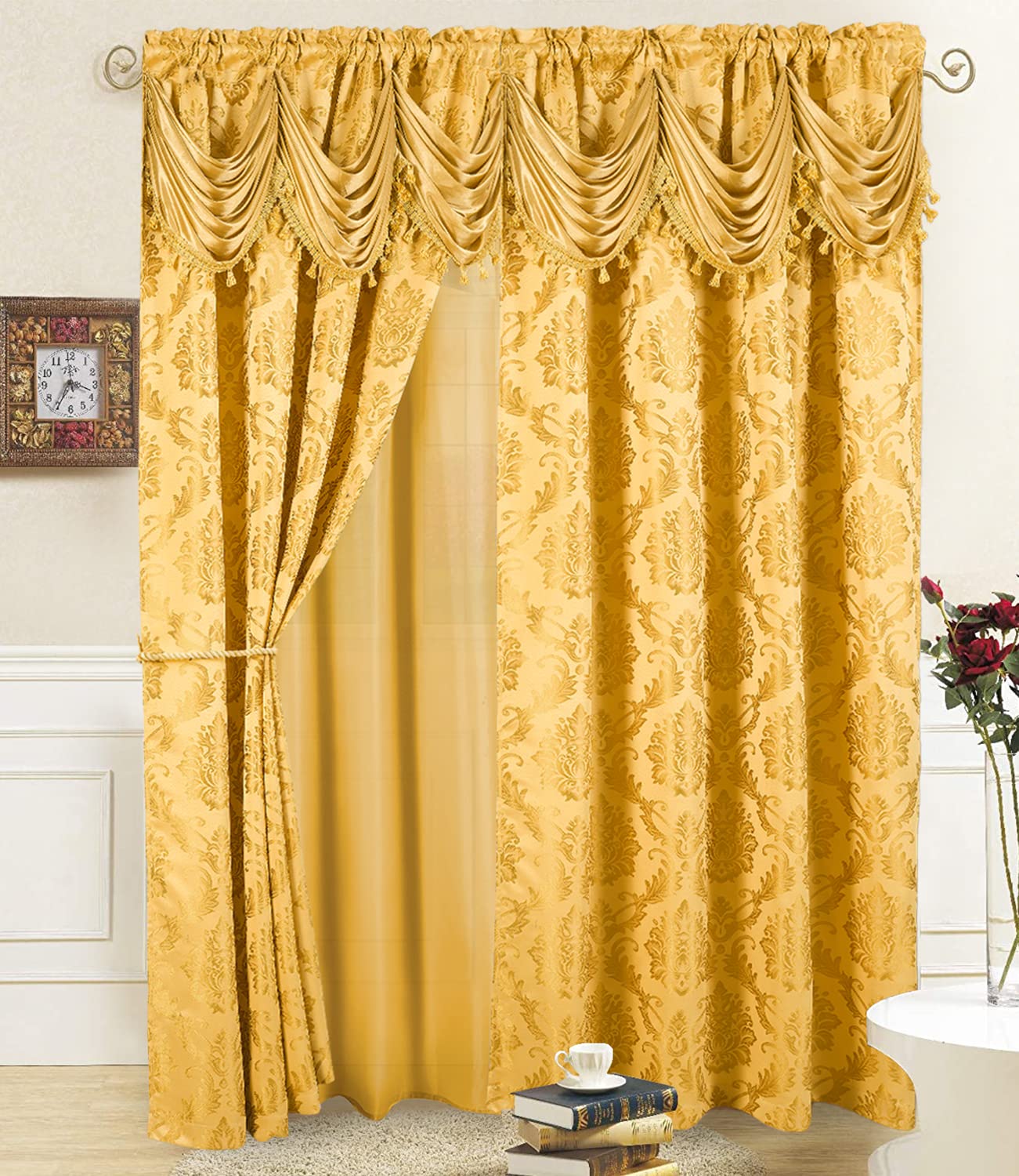 DreamField Linen Fancy Window Curtains 2 Panel Set with Attached Valance Sheer Backing and 2 Tie Backs 54 W x 84 Inches Long Elegant Luxury Design Perfect for Living Room and Bedroom (Gold)