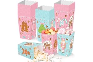 FHzytg 24Pcs Christmas Popcorn Boxes, Pink Gingerbread Christmas Popcorn Bags Bucket Bowl, Xmas Treat Candy Boxes Snack Goodies Box Cookies Container Kids Xmas Party Favor Box