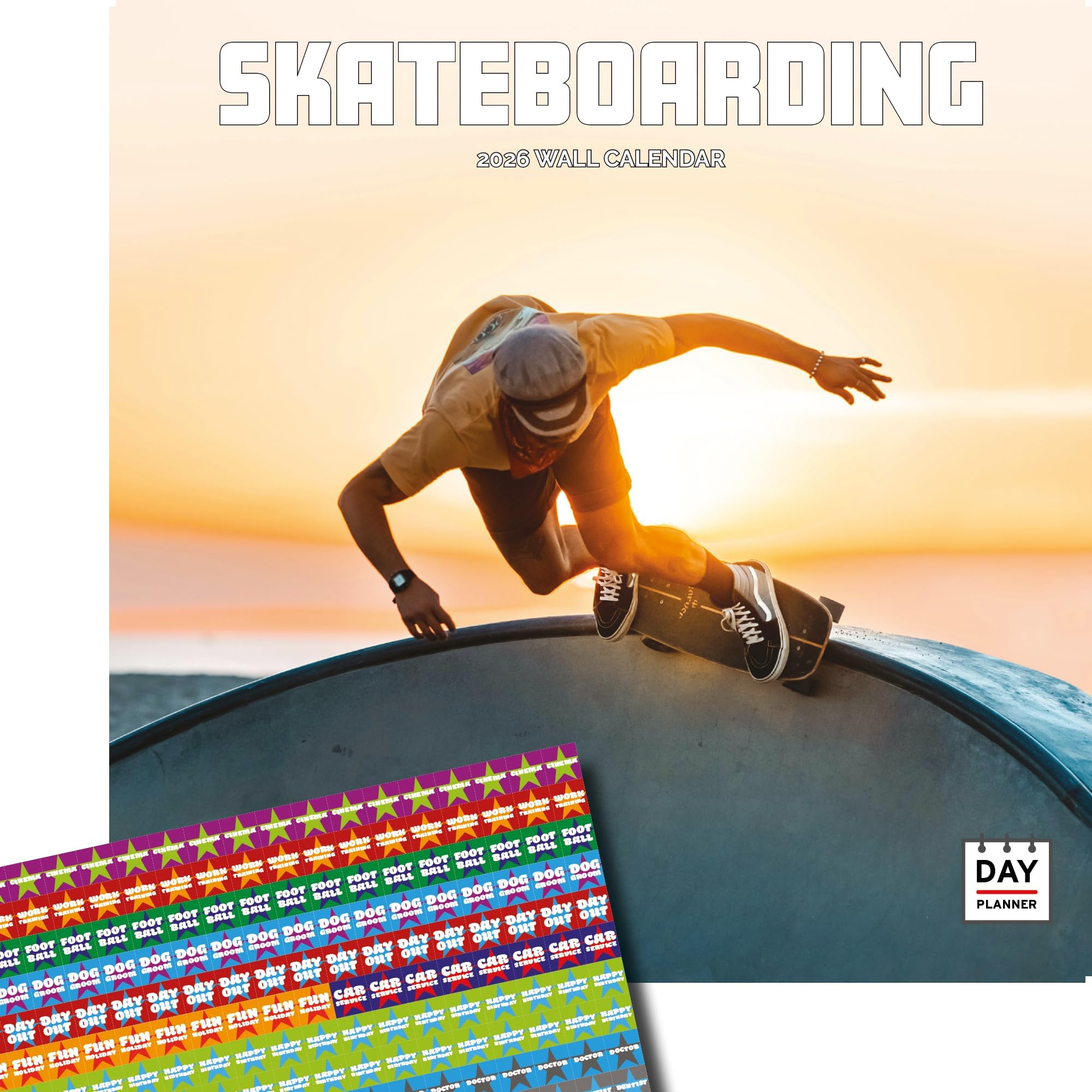 Dayplanner Publishing Skateboarding Calendar 2026, Large Square Wall Calendar With Organisational Stickers, 16 Month, Skateboarding Gift General Calendar