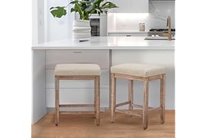 RNKSFX Counter Height Bar Stools Set of 2 for Kitchen Counter Modern Backless Barstools with Upholstered Faux Leather Seat and Solid Wood Legs Farmhouse 24 inch Bar Chairs, Khaki + Wood Color