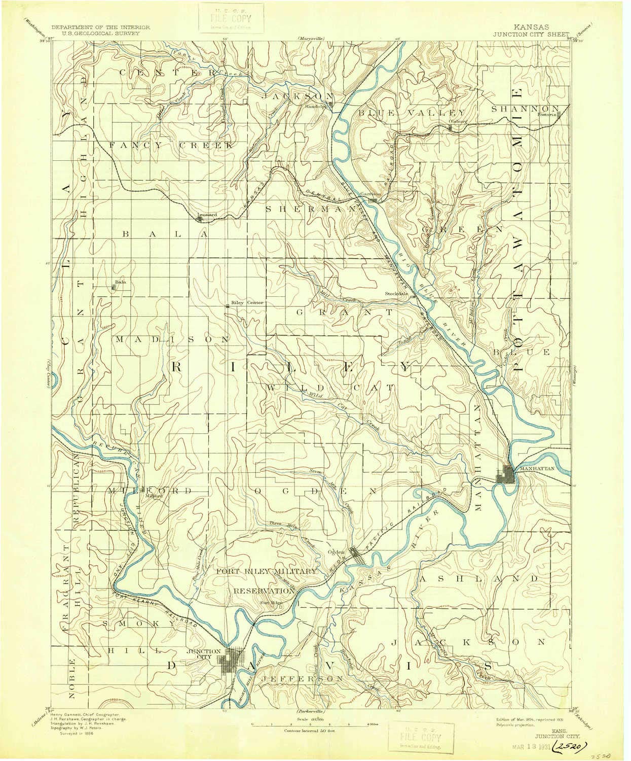 YellowMaps Junction City KS topo map, 1:125000 Scale, 30 X 30 Minute, Historical, 1894, Updated 1931, 19.9 x 16.5 in