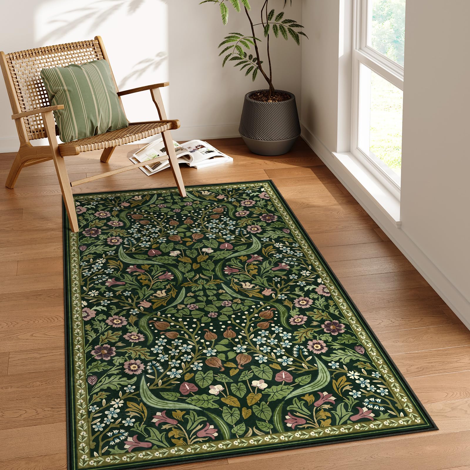 Photo 1 of Moynesa Floral 3x5 Area Rug, Washable Non Slip Soft Bedroom Rugs, Boho Green Small Rugs for Living Room, Botanical Ultra Thin Throw Carpet for Kitchen Entryway Bathroom, Green