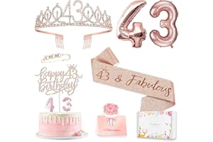AWFRKY 43rd Birthday Decorations for Her Women, Including 43 year old Birthday Cake Topper, Queen Sash with Pearl Pin, Sweet Rhinestone Tiara Crown, Number Candles and Balloons Set, Rose Gold